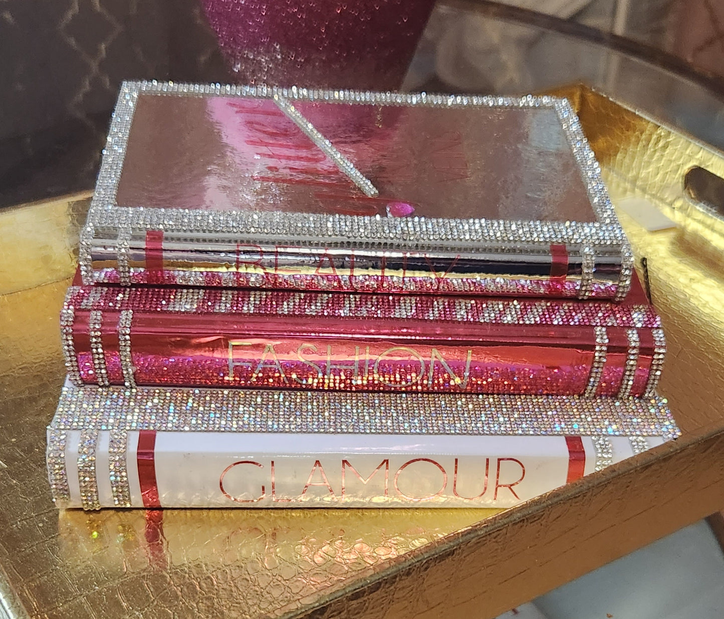 Custom Glam Coffee Table Book Stack (Set of 3). Pink, White & Metallic Silver Books, Bling Decor, Glam Decor. Makeup Room Decor - Glamorous Beauty & Boutique