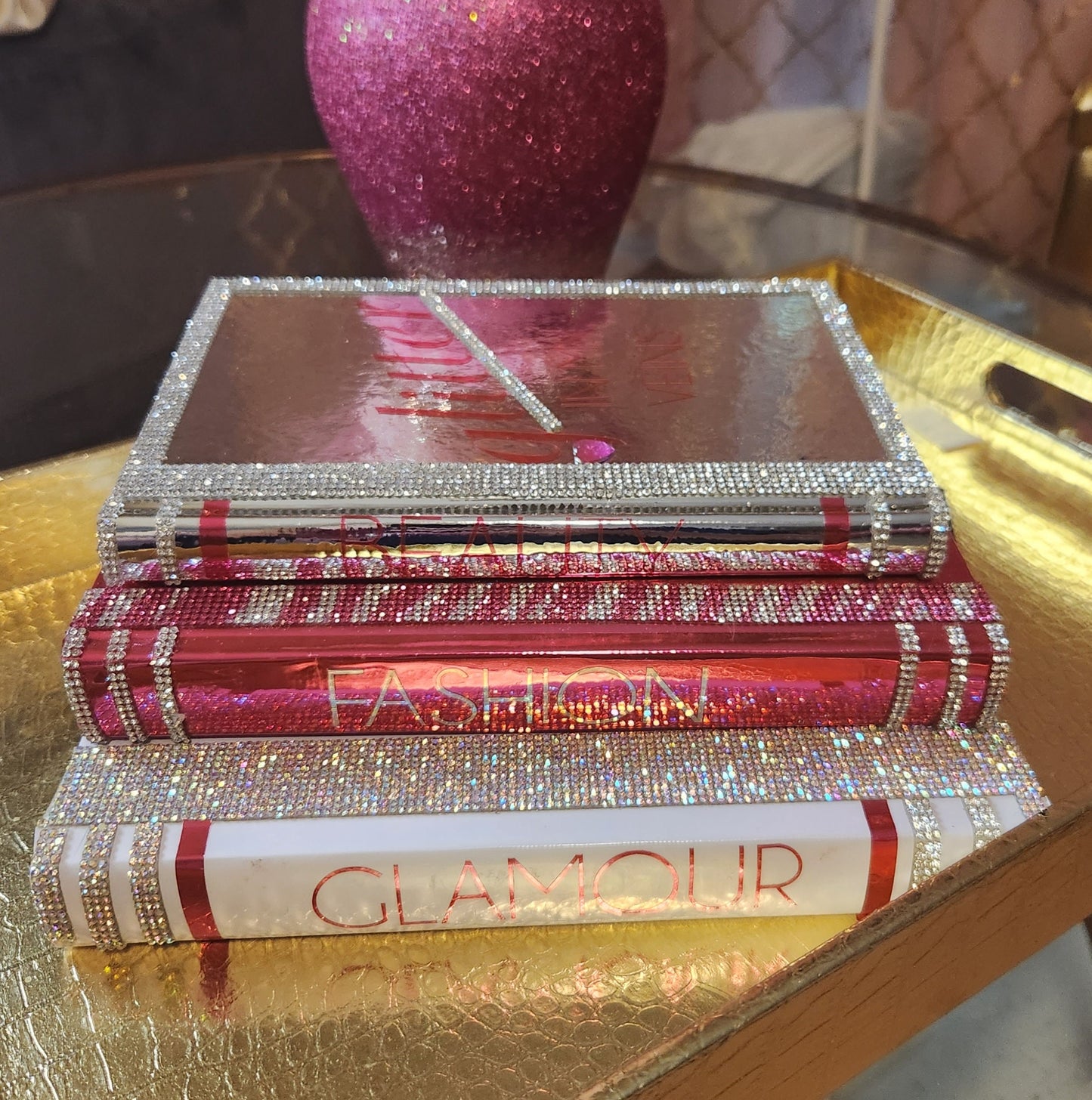 Custom Glam Coffee Table Book Stack (Set of 3). Pink, White & Metallic Silver Books, Bling Decor, Glam Decor. Makeup Room Decor - Glamorous Beauty & Boutique