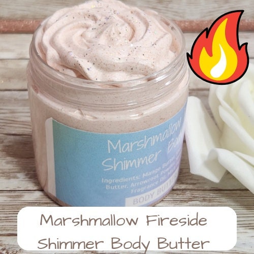 Marshmallow Fireside BBW Type Whipped Shimmer Body Butter. Handmade Shea, Avocado & Mango Butter Body Frosting. All Natural Body Butter - Glamorous Beauty & Boutique