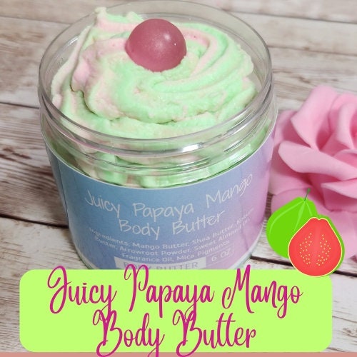 Juicy Papaya Mango Whipped Body Butter. Handmade Shea, Kokum & Mango Butter Body Frosting. All Natural Non Greasy Emulsified Body Butter - Glamorous Beauty & Boutique