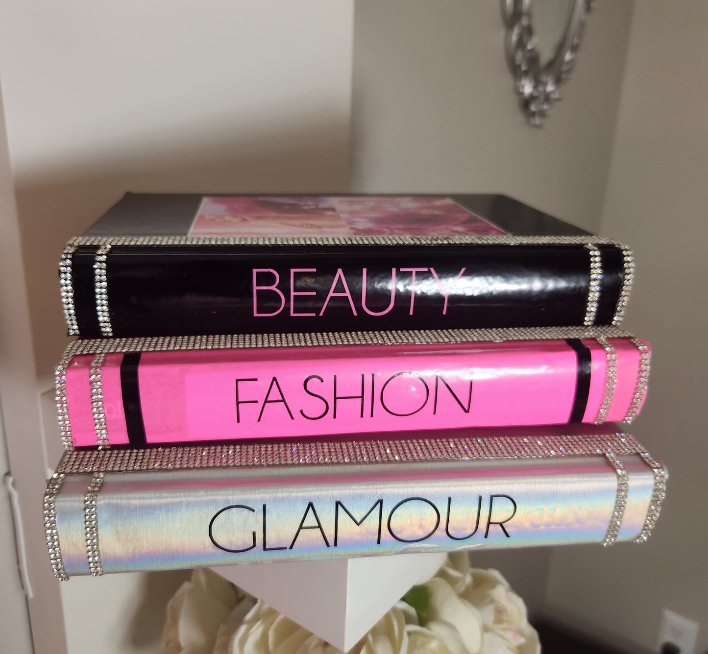 Glam Book Stack (Set of 3). Custom Coffee Table Decor.  Pink, Holographic Silver & Black Books, Bling Decor, Glam Decor. Makeup Room Decor - Glamorous Beauty & Boutique