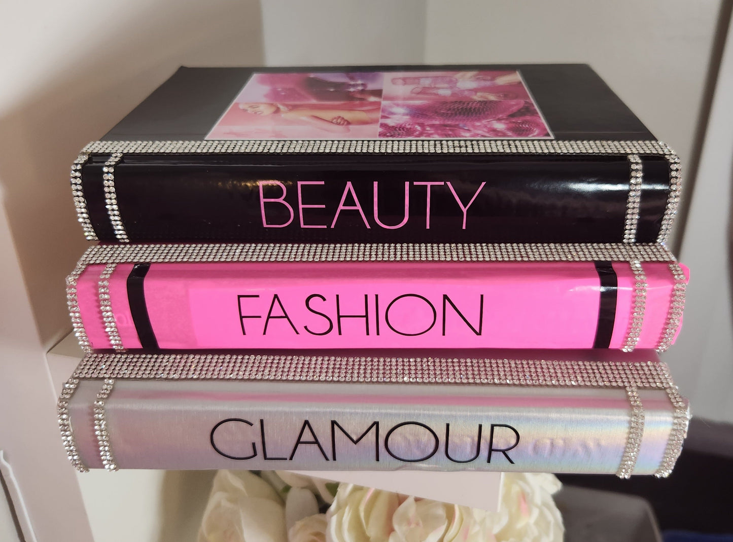 Glam Book Stack (Set of 3). Custom Coffee Table Decor.  Pink, Holographic Silver & Black Books, Bling Decor, Glam Decor. Makeup Room Decor - Glamorous Beauty & Boutique