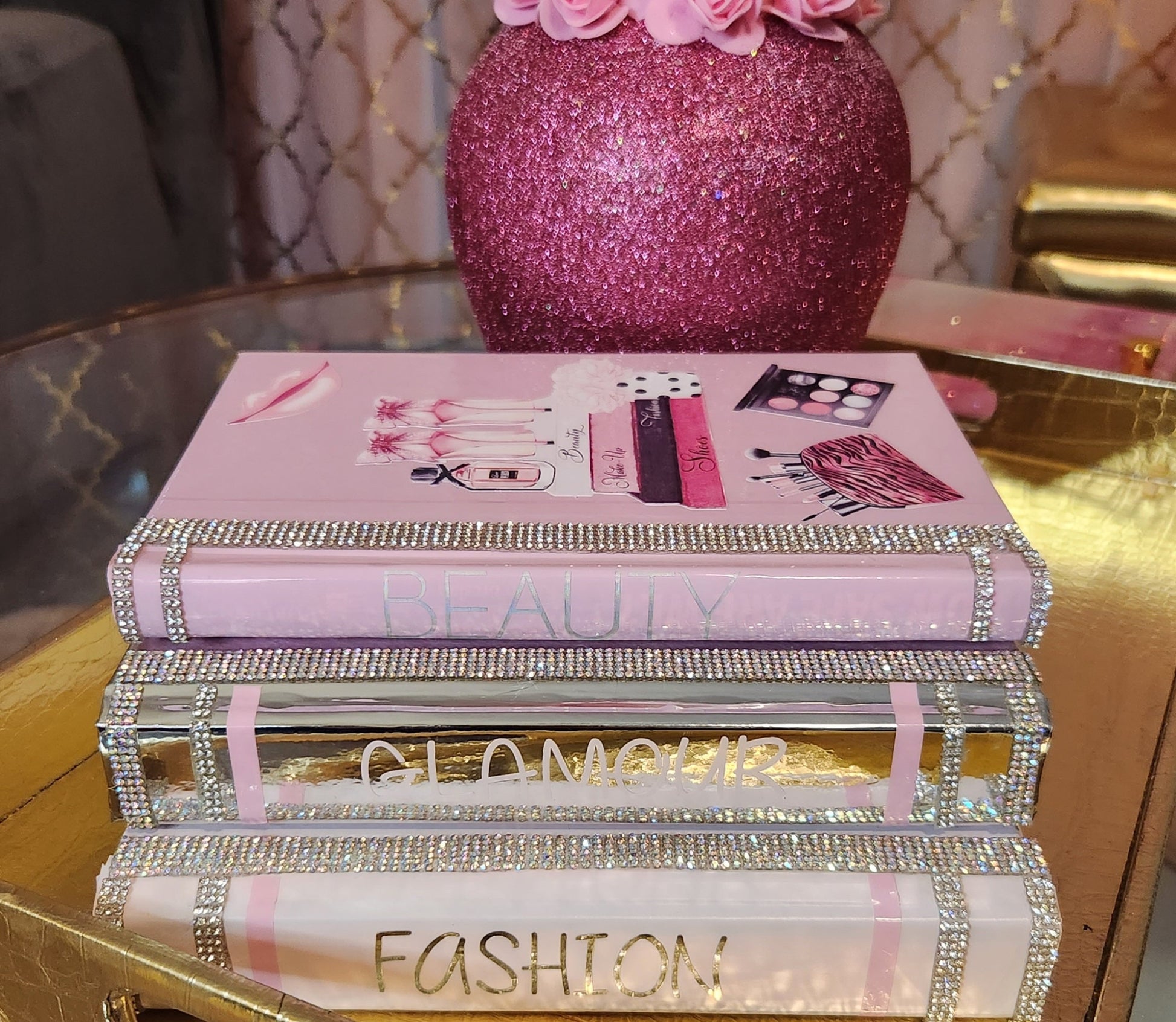 Glam Book Stack (Set of 3). Custom Coffee Table Decor. Pink, Light Pink & Metallic Silver. Bling Decor, Glam Decor. Makeup Room Decor - Glamorous Beauty & Boutique