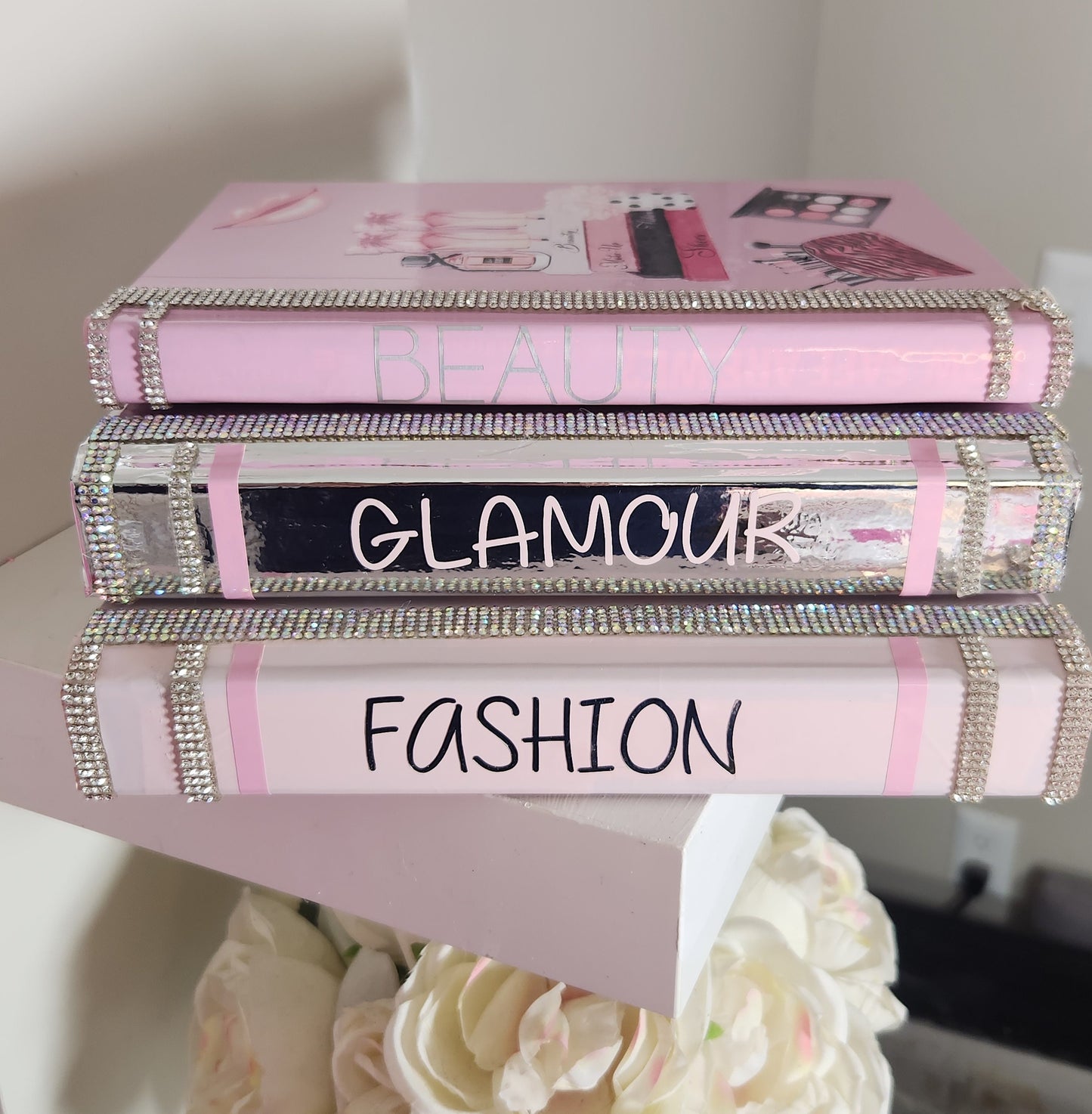 Pink book stack, glam book stack, glam Decor, coffee table decor, decorative books, fashion book stack, silver book stack, handmade book stack, pink decor, bling books, makeup Room Decor, boss babe book stack, girl boss