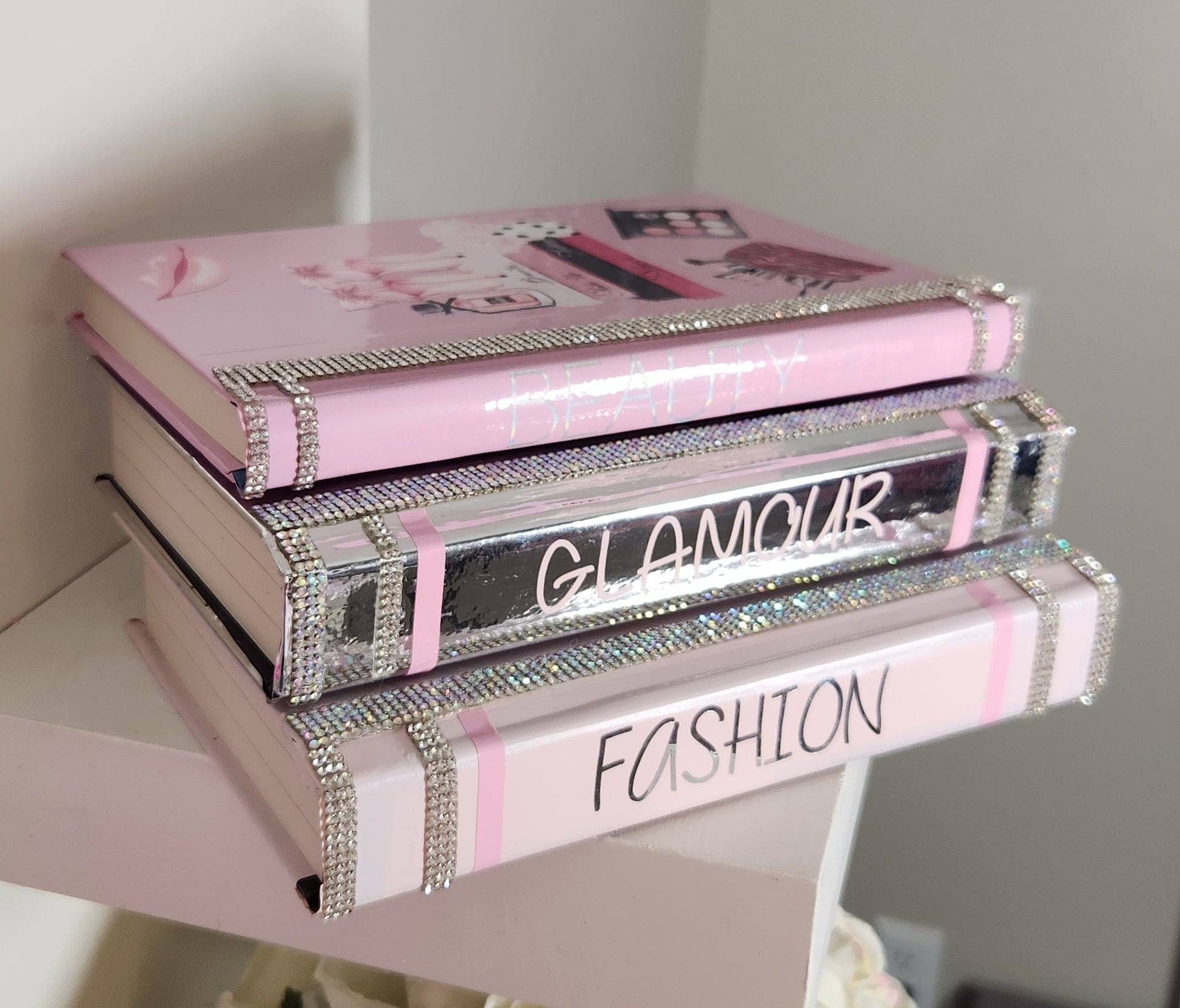 Glam Book Stack (Set of 3). Custom Coffee Table Decor. Pink, Light Pink & Metallic Silver. Bling Decor, Glam Decor. Makeup Room Decor - Glamorous Beauty & Boutique