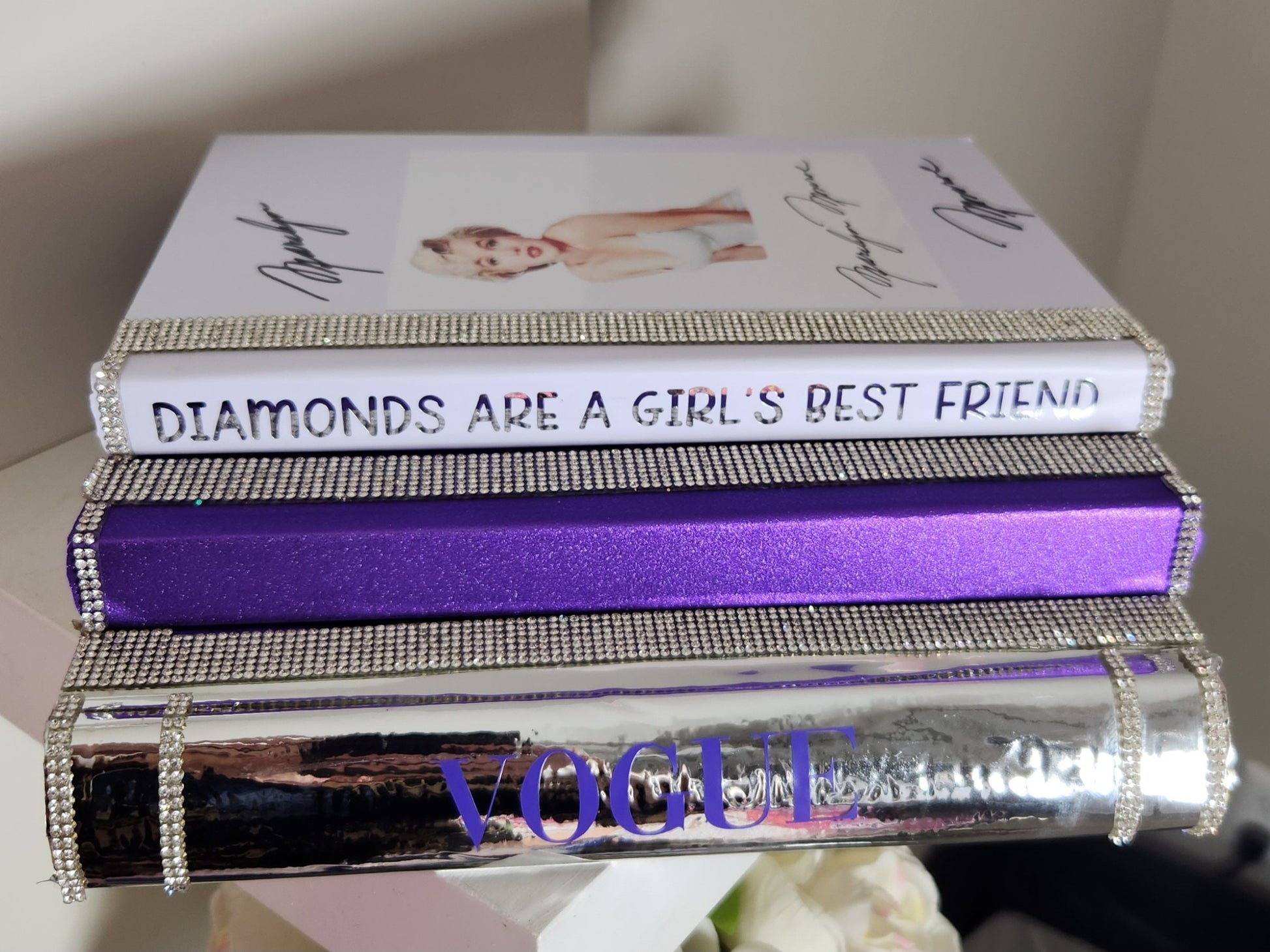 Marilyn Monroe Glam Book Stack (Set of 3). Marilyn Monroe Purple, White & Metallic Silver Books, Glam Decor. Makeup Room Decor. Bling - Glamorous Beauty & Boutique