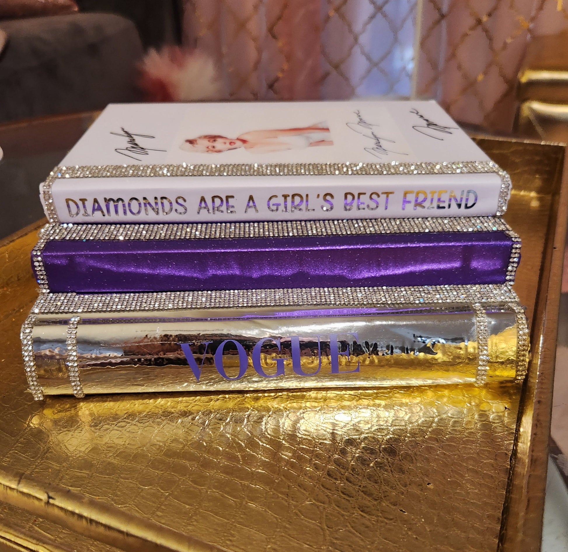 Marilyn Monroe Glam Book Stack (Set of 3). Marilyn Monroe Purple, White & Metallic Silver Books, Glam Decor. Makeup Room Decor. Bling - Glamorous Beauty & Boutique