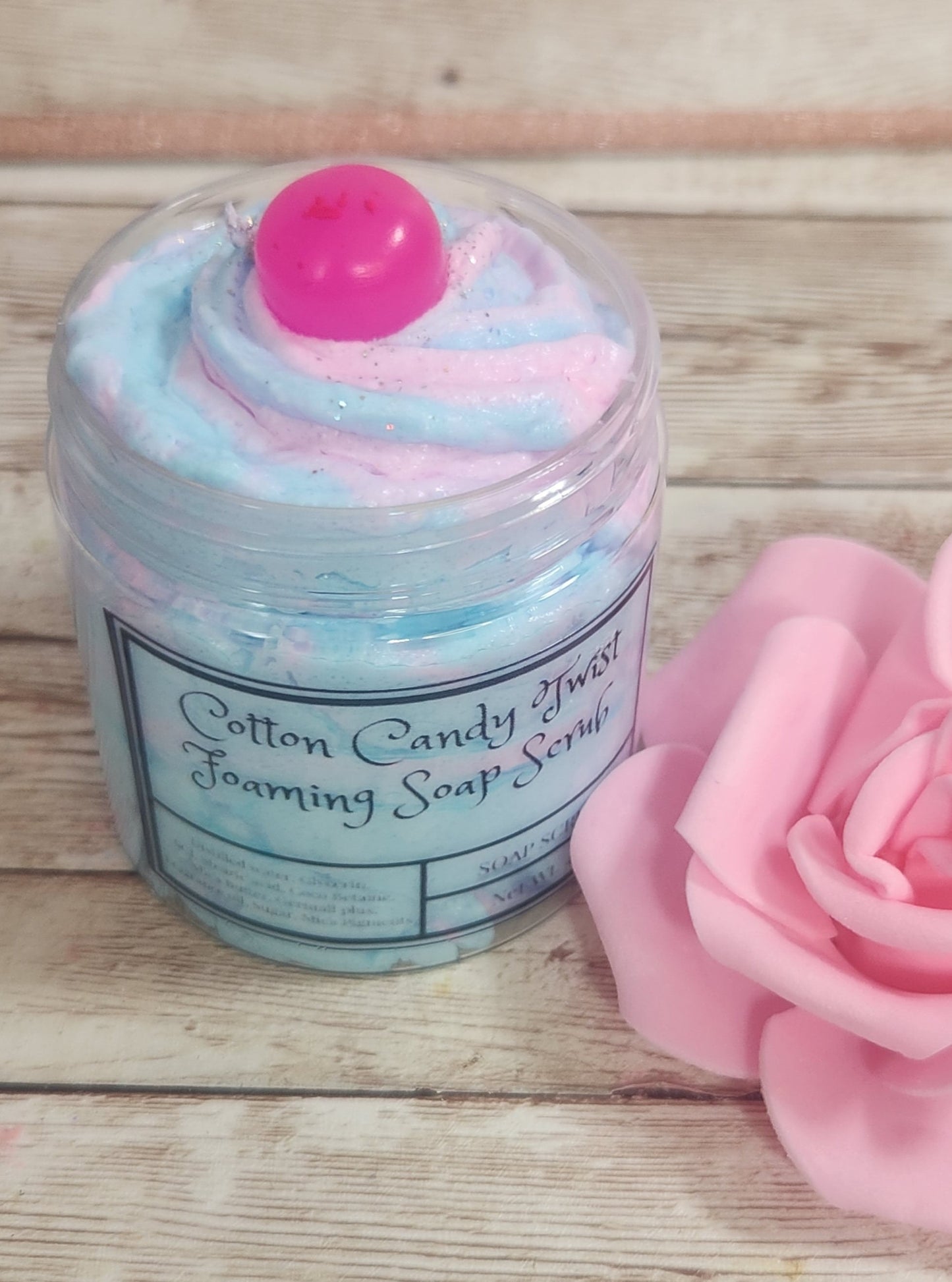 Cotton Candy Twist Whipped Foaming Shea Butter Sugar Scrub. Exfoliating Body Wash & Scrub. All Natural Shea Butter Whipped Soap - Glamorous Beauty & Boutique