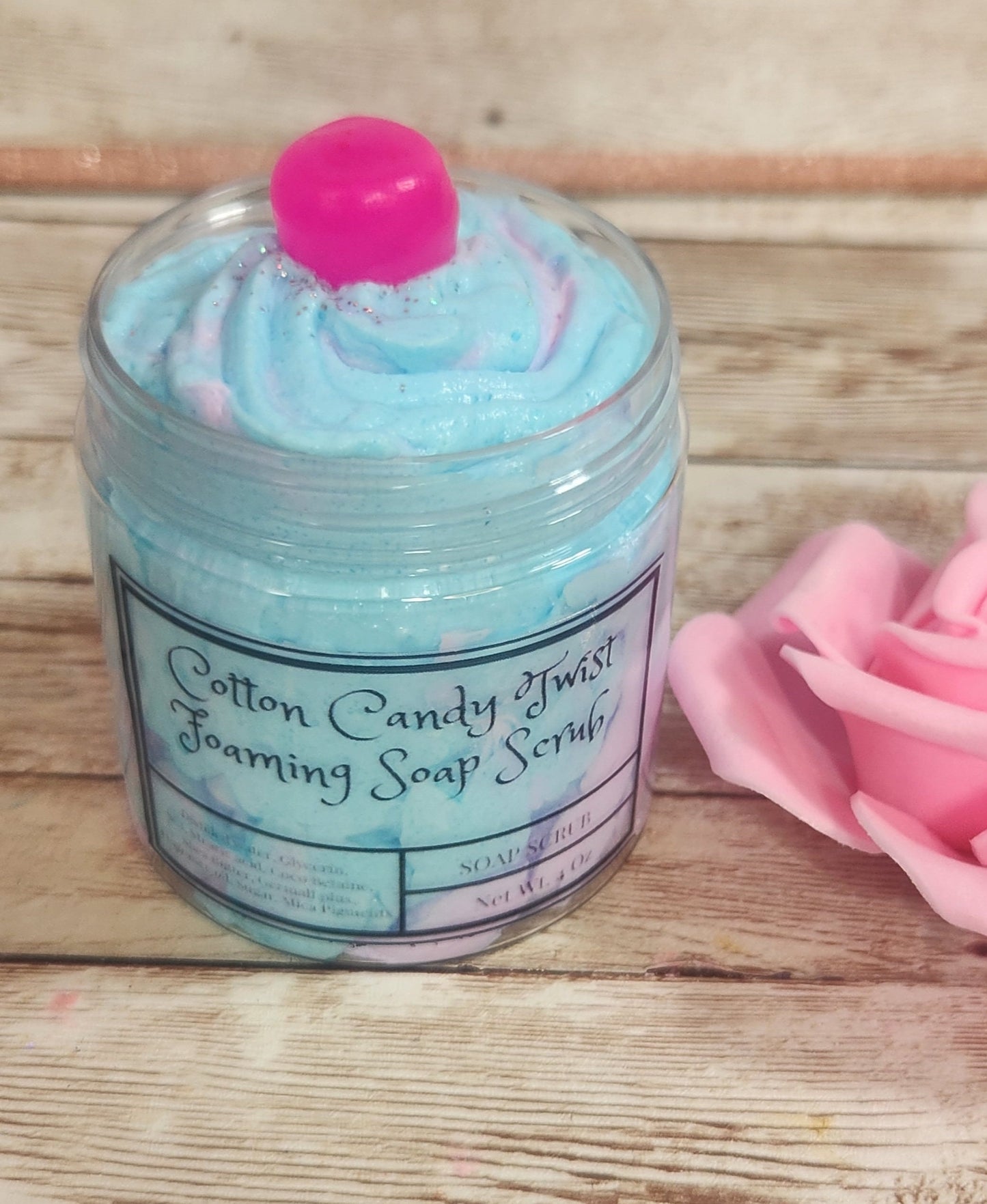 Cotton Candy Twist Whipped Foaming Shea Butter Sugar Scrub. Exfoliating Body Wash & Scrub. All Natural Shea Butter Whipped Soap - Glamorous Beauty & Boutique