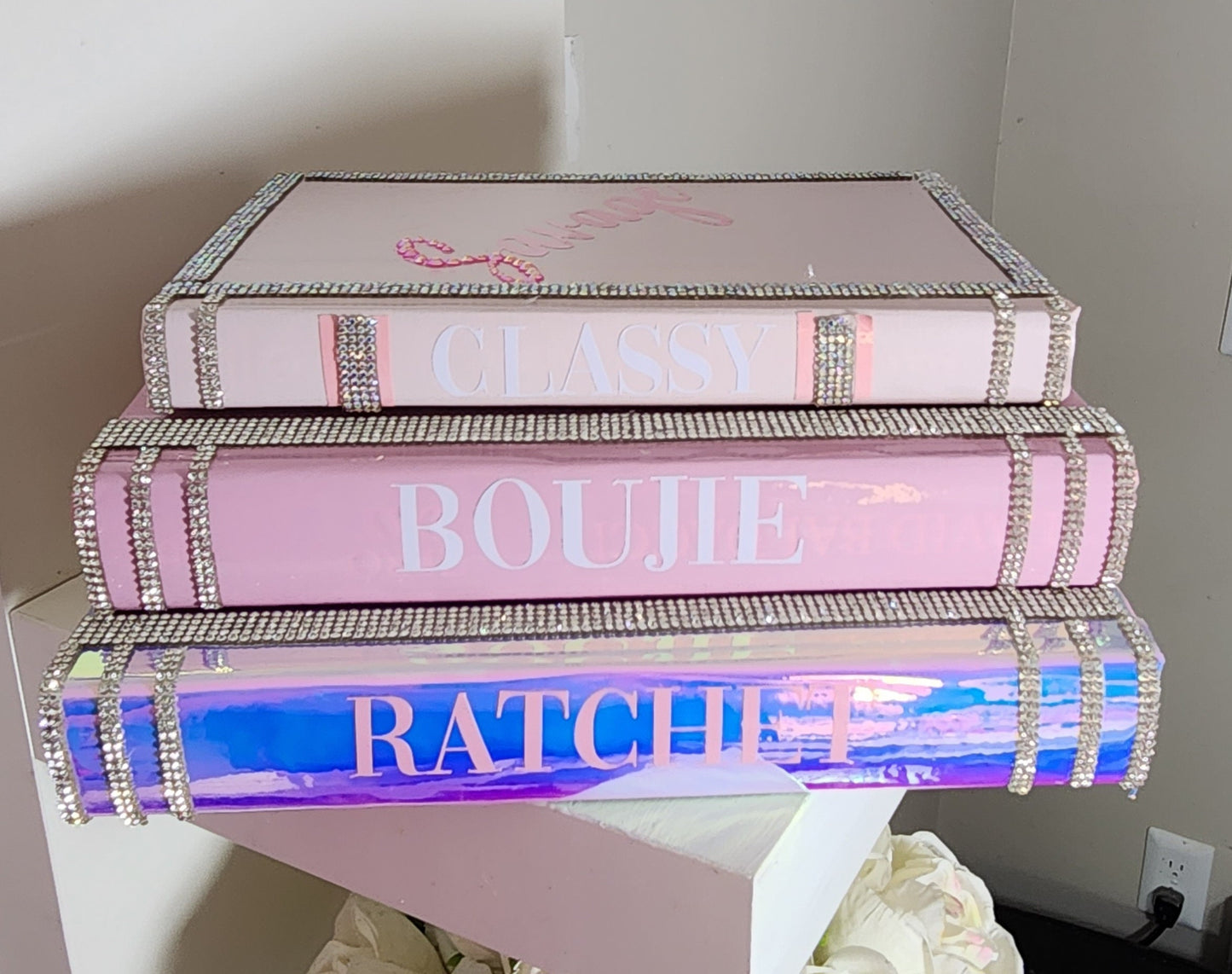 Pink book stack, glam book stack, glam Decor, coffee table decor, decorative books, fashion book stack, silver book stack, handmade book stack, pink decor, bling books, makeup Room Decor, boss babe book stack, girl boss