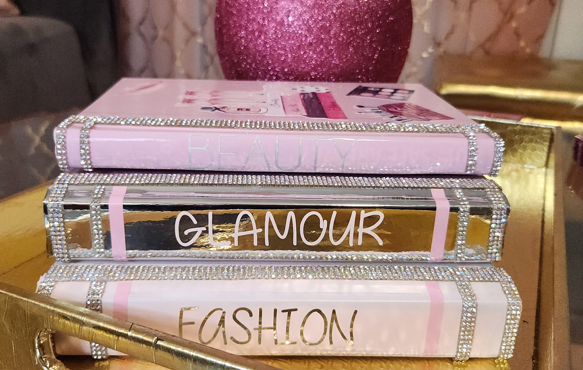 Pink book stack, glam book stack, glam Decor, coffee table decor, decorative books, fashion book stack, silver book stack, handmade book stack, pink decor, bling books, makeup Room Decor, boss babe book stack, girl boss