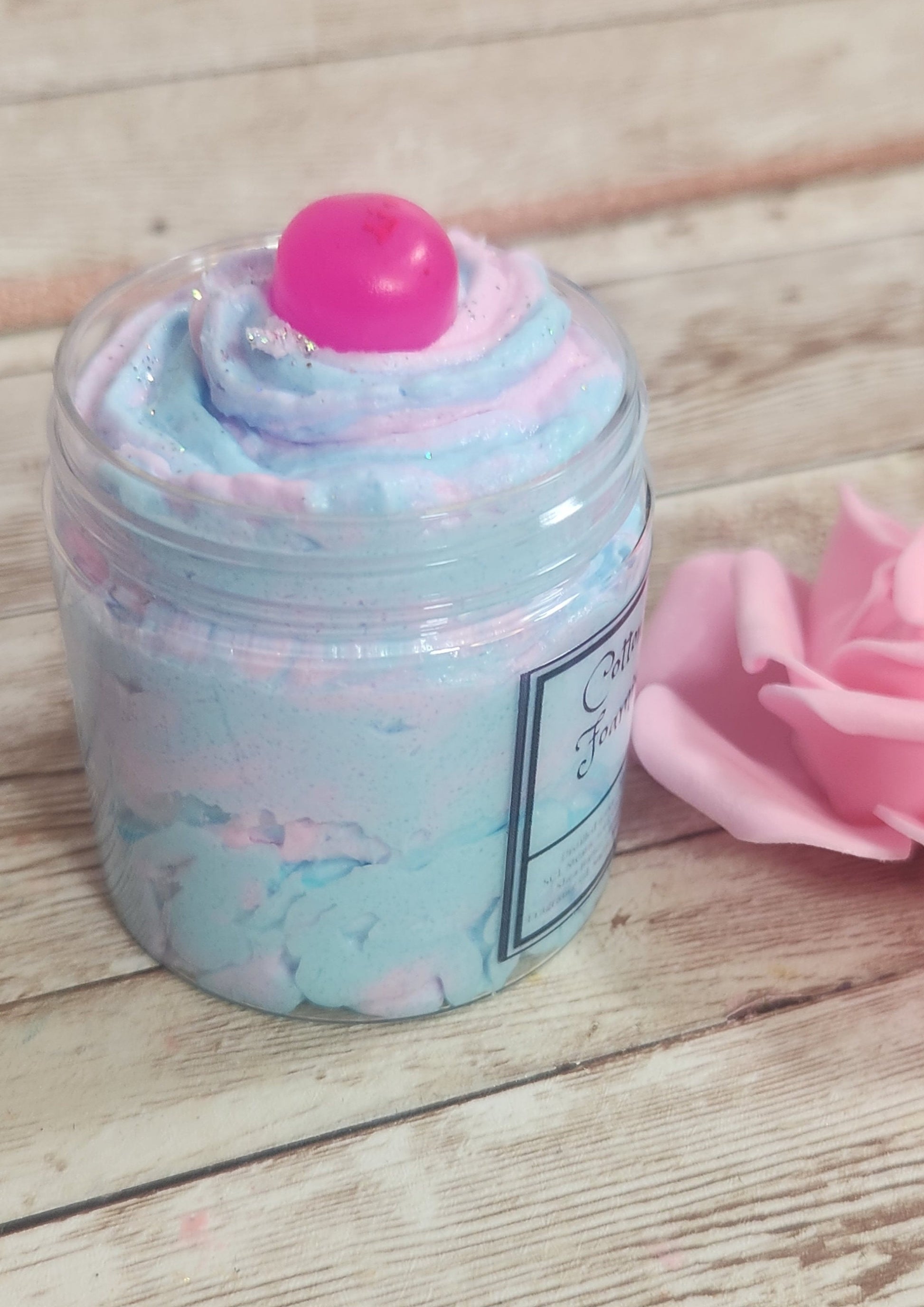 Cotton Candy Twist Whipped Foaming Shea Butter Sugar Scrub. Exfoliating Body Wash & Scrub. All Natural Shea Butter Whipped Soap - Glamorous Beauty & Boutique