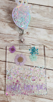 Custom Horizontal or Vertical Pressed Flowers Badge Buddy & Anatomical Heart Badge Reel Set. RN Nurse, PCT, APRN Badge Holder and Buddy - Glamorous Beauty & Boutique