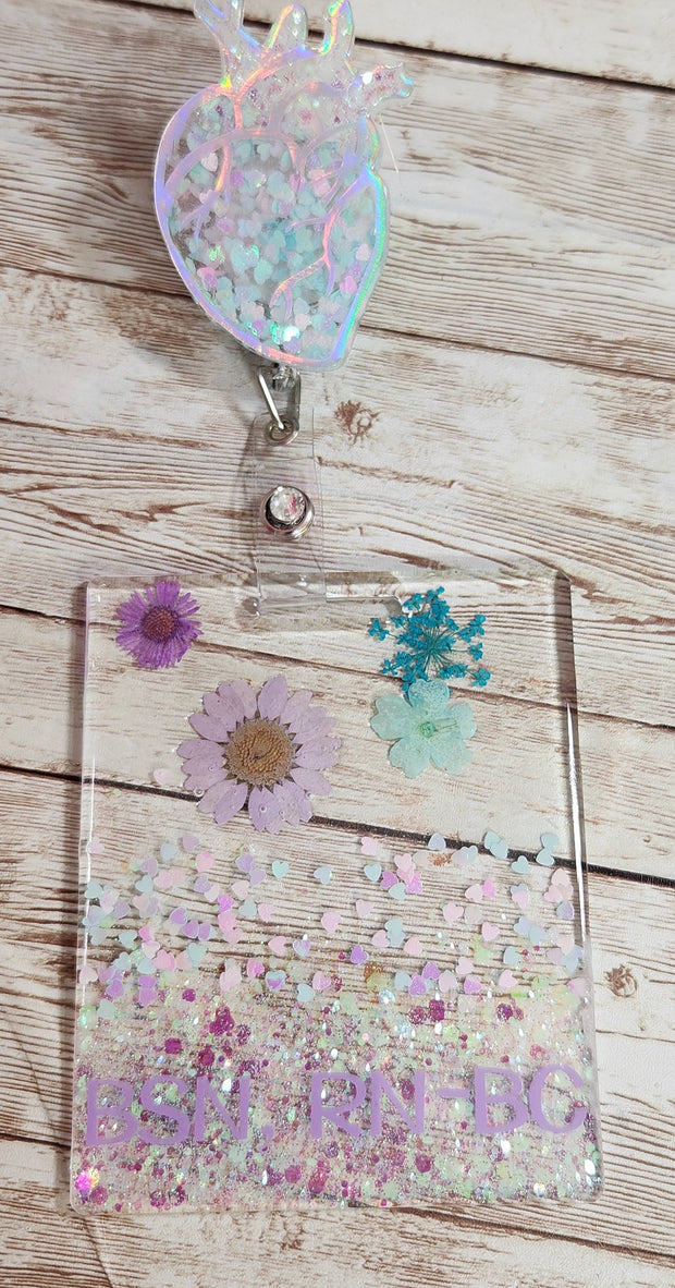 Custom Horizontal or Vertical Pressed Flowers Badge Buddy & Anatomical Heart Badge Reel Set. RN Nurse, PCT, APRN Badge Holder and Buddy - Glamorous Beauty & Boutique