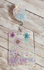 Custom Horizontal or Vertical Pressed Flowers Badge Buddy & Anatomical Heart Badge Reel Set. RN Nurse, PCT, APRN Badge Holder and Buddy - Glamorous Beauty & Boutique