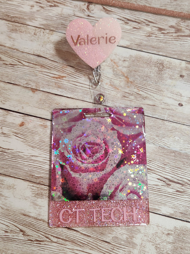 Custom Horizontal or Vertical Pressed Flowers Badge Buddy & Anatomical Heart Badge Reel Set. RN Nurse, PCT, APRN Badge Holder and Buddy - Glamorous Beauty & Boutique