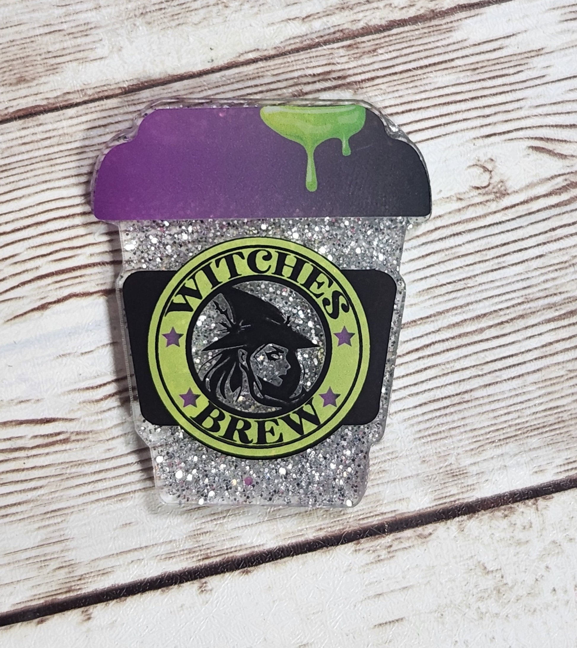 Witches Brew Coffee Cup Badge Holder. Silver Glitter "Witches Brew" Halloween Retractable Badge Reel. Nurse Badge Reel - Glamorous Beauty & Boutique