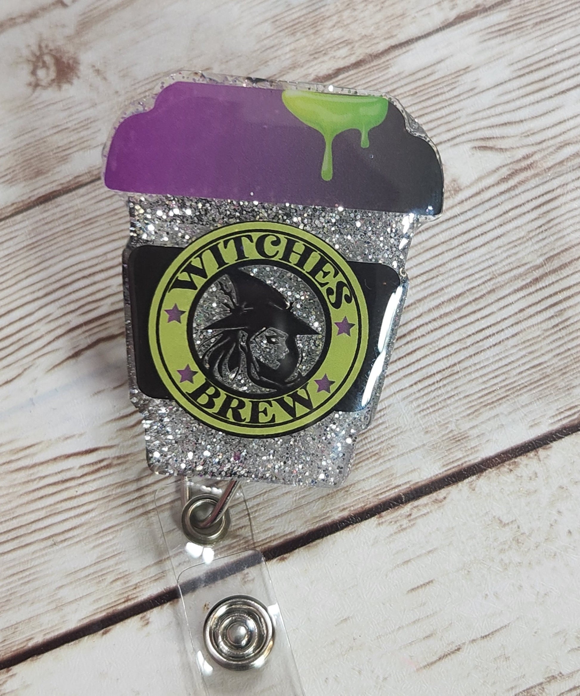 Witches Brew Coffee Cup Badge Holder. Silver Glitter "Witches Brew" Halloween Retractable Badge Reel. Nurse Badge Reel - Glamorous Beauty & Boutique