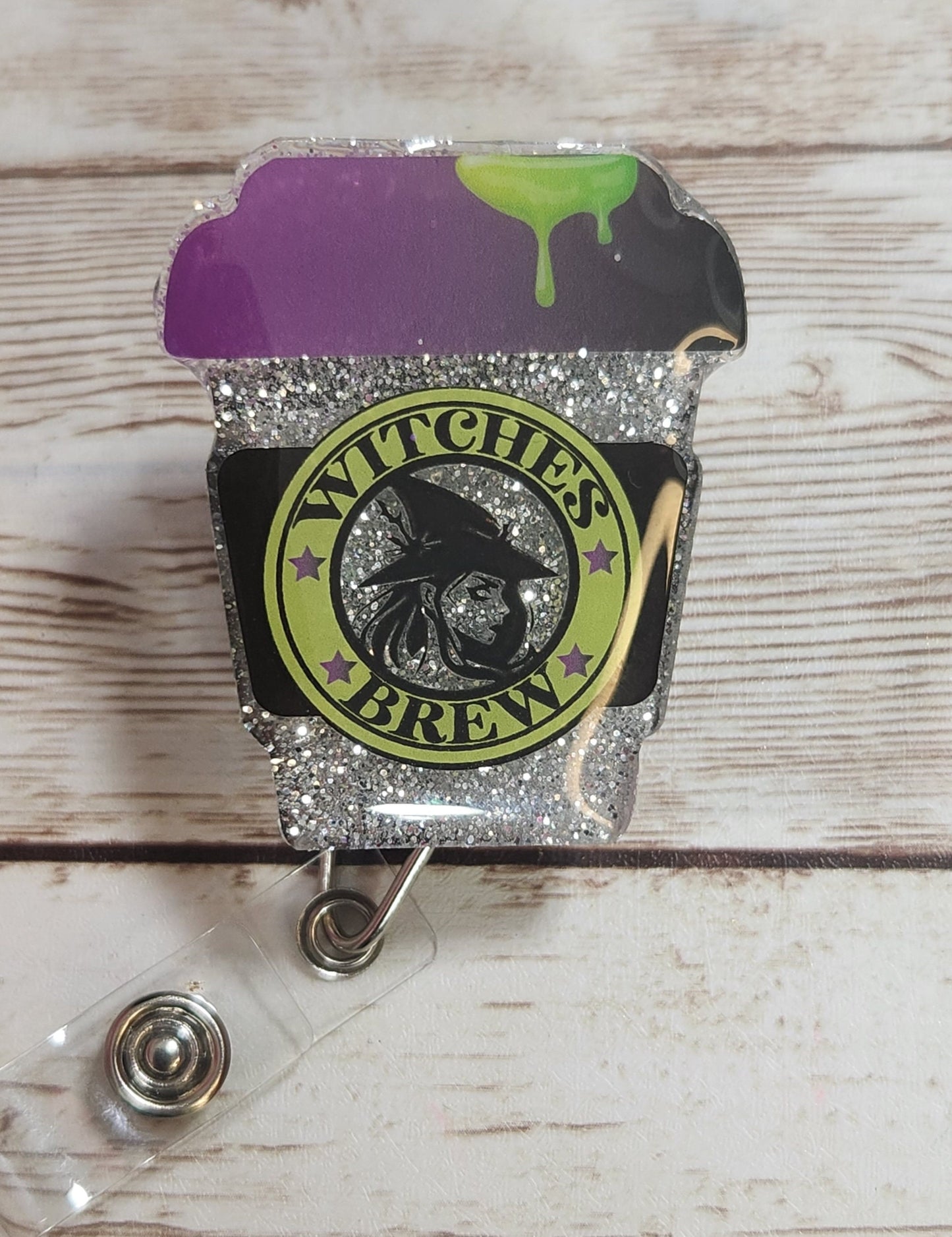 Witches Brew Coffee Cup Badge Holder. Silver Glitter "Witches Brew" Halloween Retractable Badge Reel. Nurse Badge Reel - Glamorous Beauty & Boutique