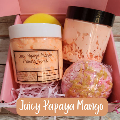 Juicy Papaya Mango Bath & Body Gift Box. Handmade Whipped Body Butter, Foaming Sugar Scrub and Bubble Bar Gift Set. - Glamorous Beauty & Boutique