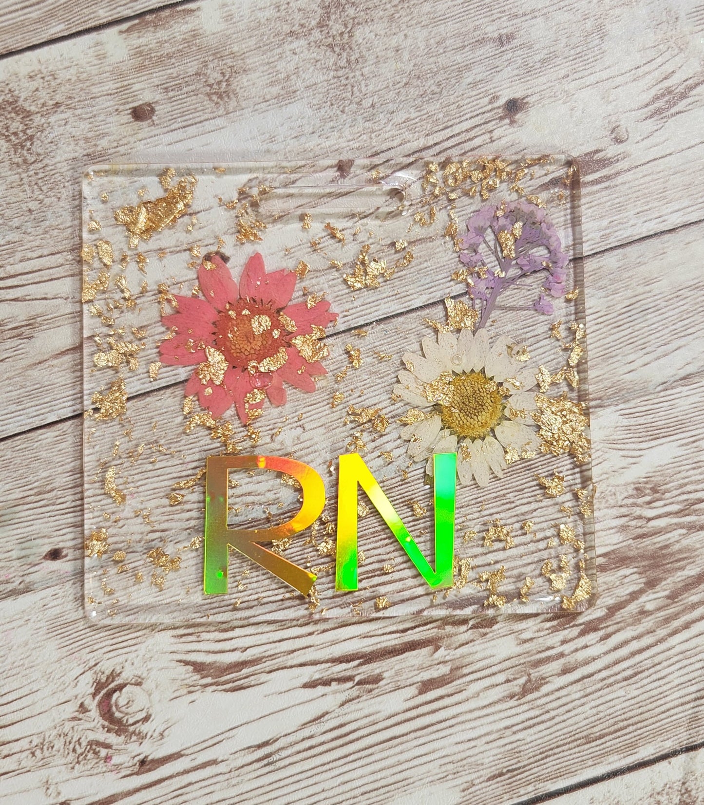 Pressed Flowers & Gold Foil Horizontal Badge Buddy for Medical Professionals. RN Nurse Badge Buddy. Acrylic and Resin Glitter Badge Buddy - Glamorous Beauty & Boutique