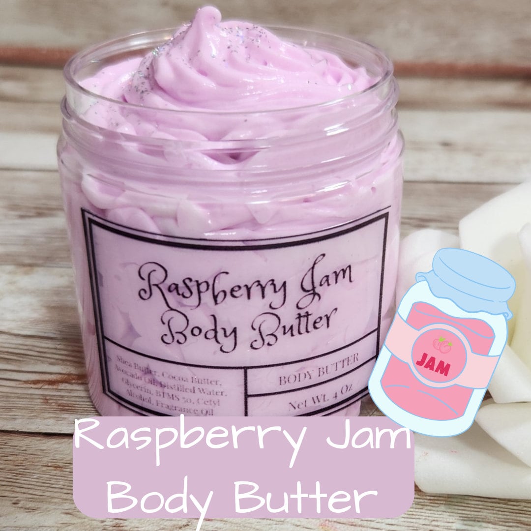 Raspberry Jam Whipped Body Butter. Handmade Shea & Cocoa Butter Body Frosting. All Natural Non Greasy Emulsified Body Butter - Glamorous Beauty & Boutique