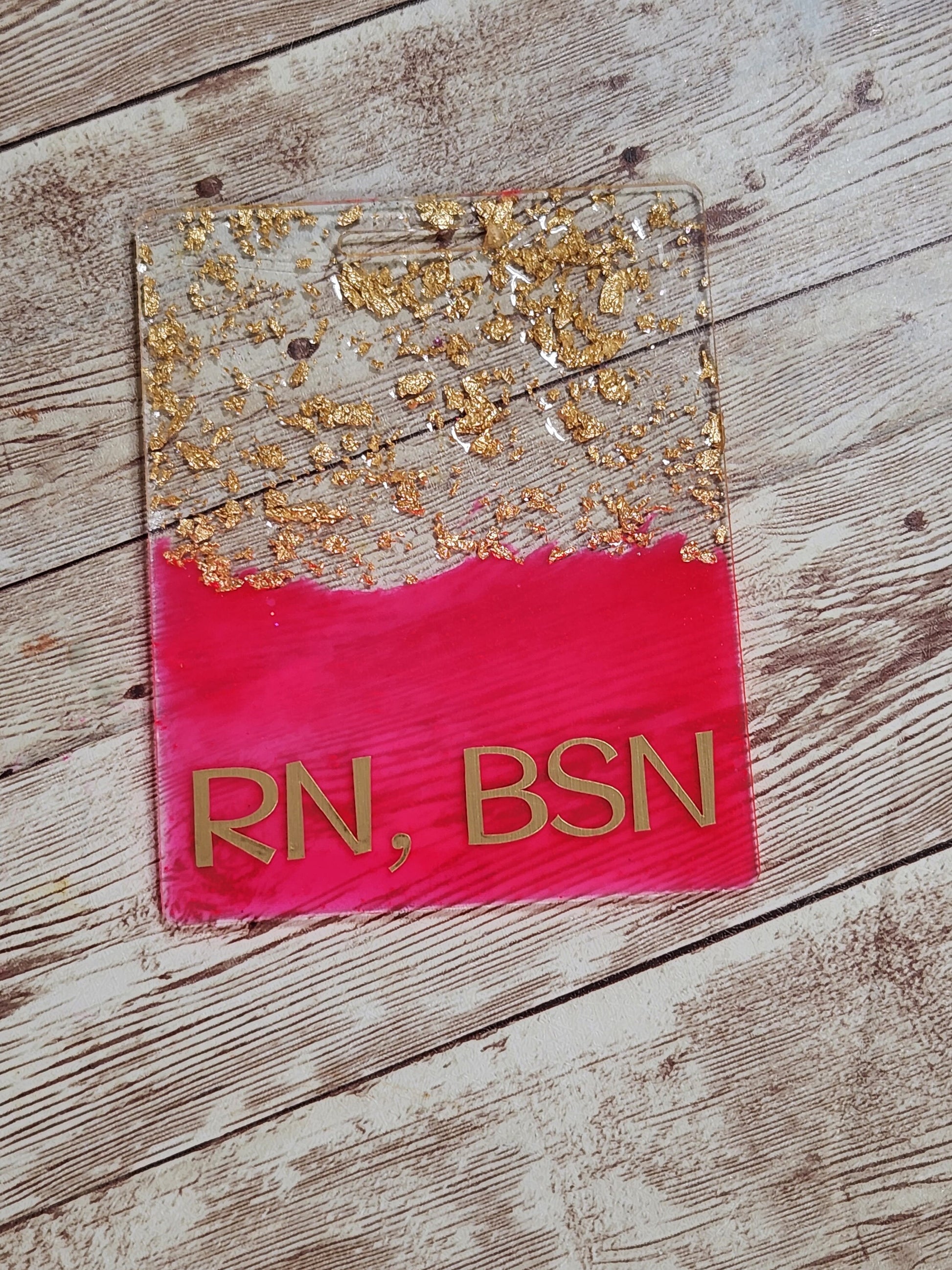 Neon Pink & Gold Foil RN, BSN Extended Horizontal Badge Buddy for Medical Professionals. Nurse Badge Buddy. Resin Glitter Badge Buddy - Glamorous Beauty & Boutique