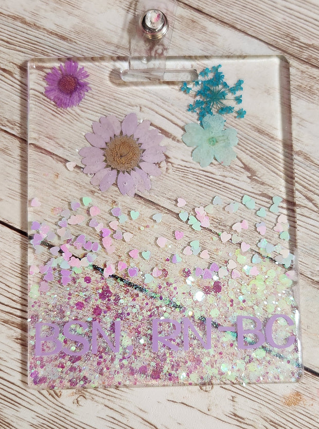 Custom Horizontal or Vertical Pressed Flowers Badge Buddy & Anatomical Heart Badge Reel Set. RN Nurse, PCT, APRN Badge Holder and Buddy - Glamorous Beauty & Boutique
