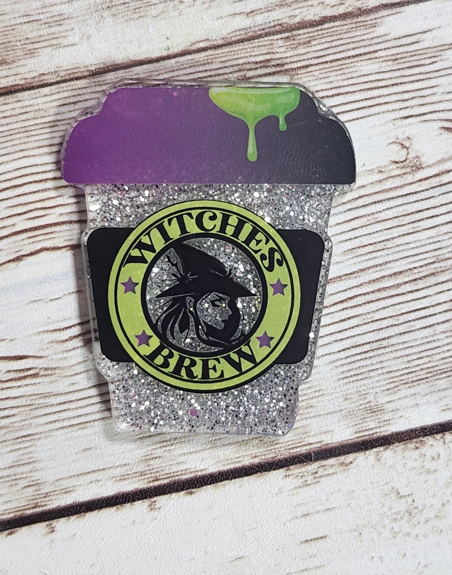 Witches Brew Coffee Cup Badge Holder. Silver Glitter "Witches Brew" Halloween Retractable Badge Reel. Nurse Badge Reel - Glamorous Beauty & Boutique