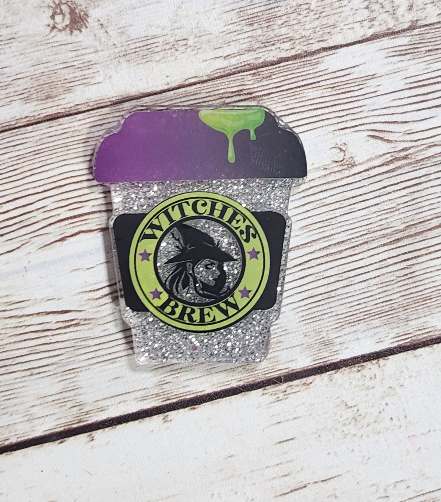 Witches Brew Coffee Cup Badge Holder. Silver Glitter "Witches Brew" Halloween Retractable Badge Reel. Nurse Badge Reel - Glamorous Beauty & Boutique