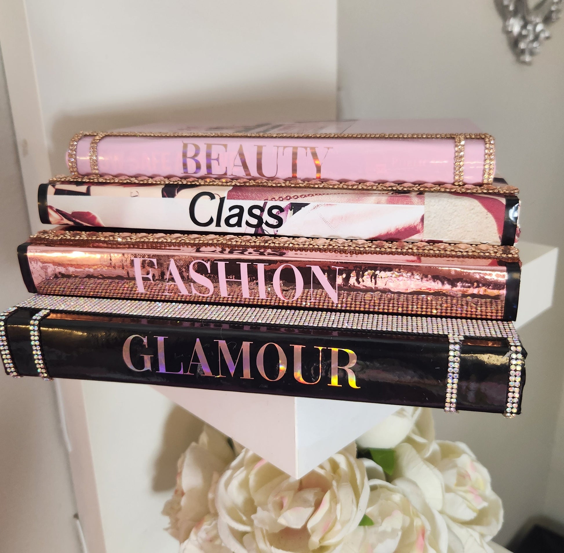 Coffee Table Book Stack (Set of 4). Glam Book Stack. Metallic Rose Gold, Rose Gold Collage, Pink & Black Books. Glam Decor. Makeup Room - Glamorous Beauty & Boutique