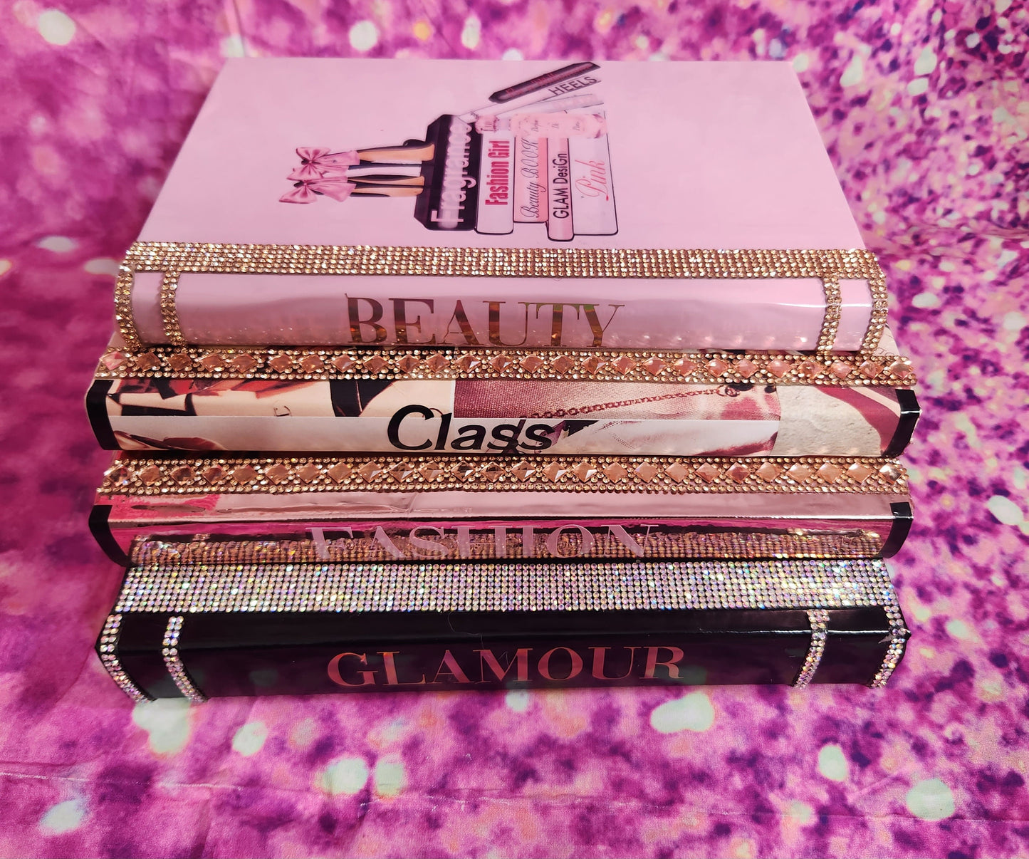 Coffee Table Book Stack (Set of 4). Glam Book Stack. Metallic Rose Gold, Rose Gold Collage, Pink & Black Books. Glam Decor. Makeup Room - Glamorous Beauty & Boutique