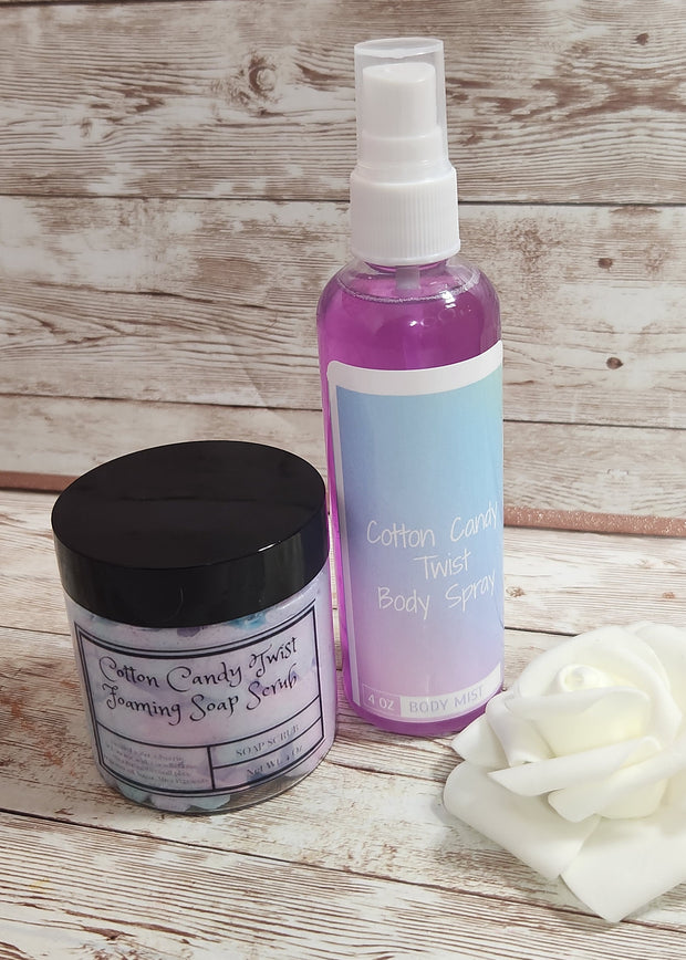 Cotton Candy Twist Bath & Body Gift Box. Shea Butter Whipped Sugar Scrub and Hydrating Body Spray. Whipped Soap Scrub and Body Mist - Glamorous Beauty & Boutique