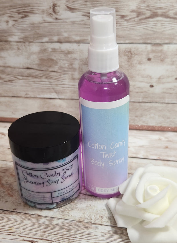 Cotton Candy Twist Bath & Body Gift Box. Shea Butter Whipped Sugar Scrub and Hydrating Body Spray. Whipped Soap Scrub and Body Mist - Glamorous Beauty & Boutique