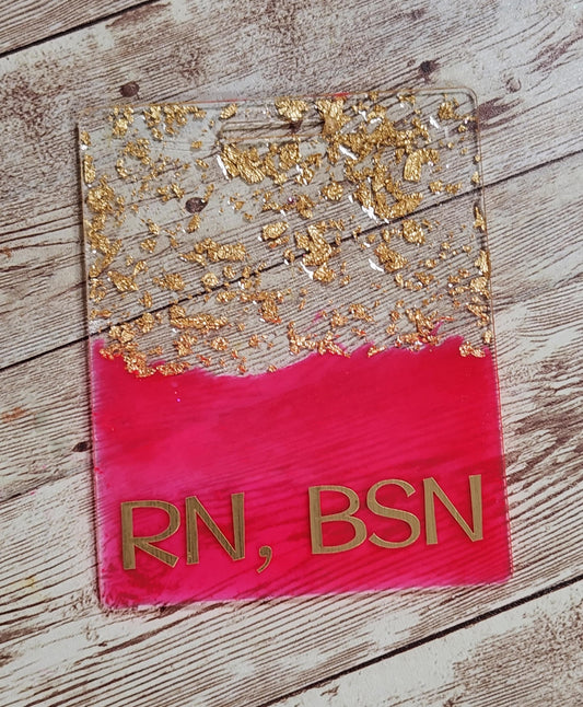 Neon Pink & Gold Foil RN, BSN Extended Horizontal Badge Buddy for Medical Professionals. Nurse Badge Buddy. Resin Glitter Badge Buddy - Glamorous Beauty & Boutique