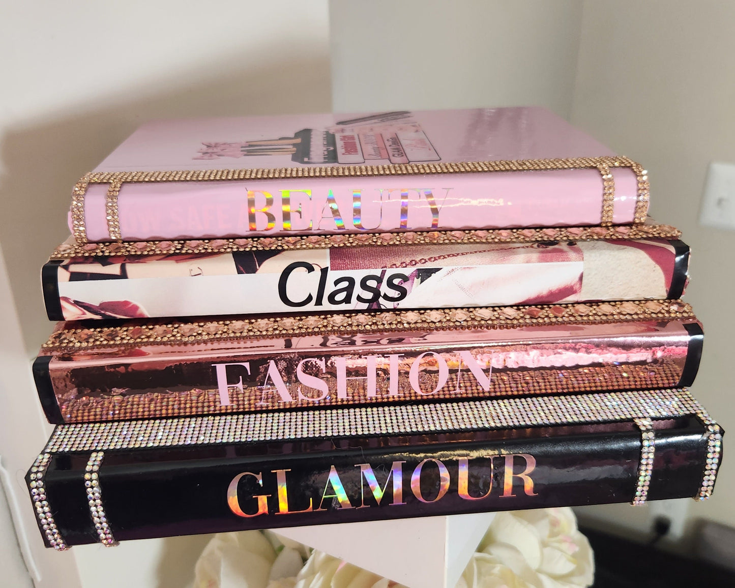 Coffee Table Book Stack (Set of 4). Glam Book Stack. Metallic Rose Gold, Rose Gold Collage, Pink & Black Books. Glam Decor. Makeup Room - Glamorous Beauty & Boutique