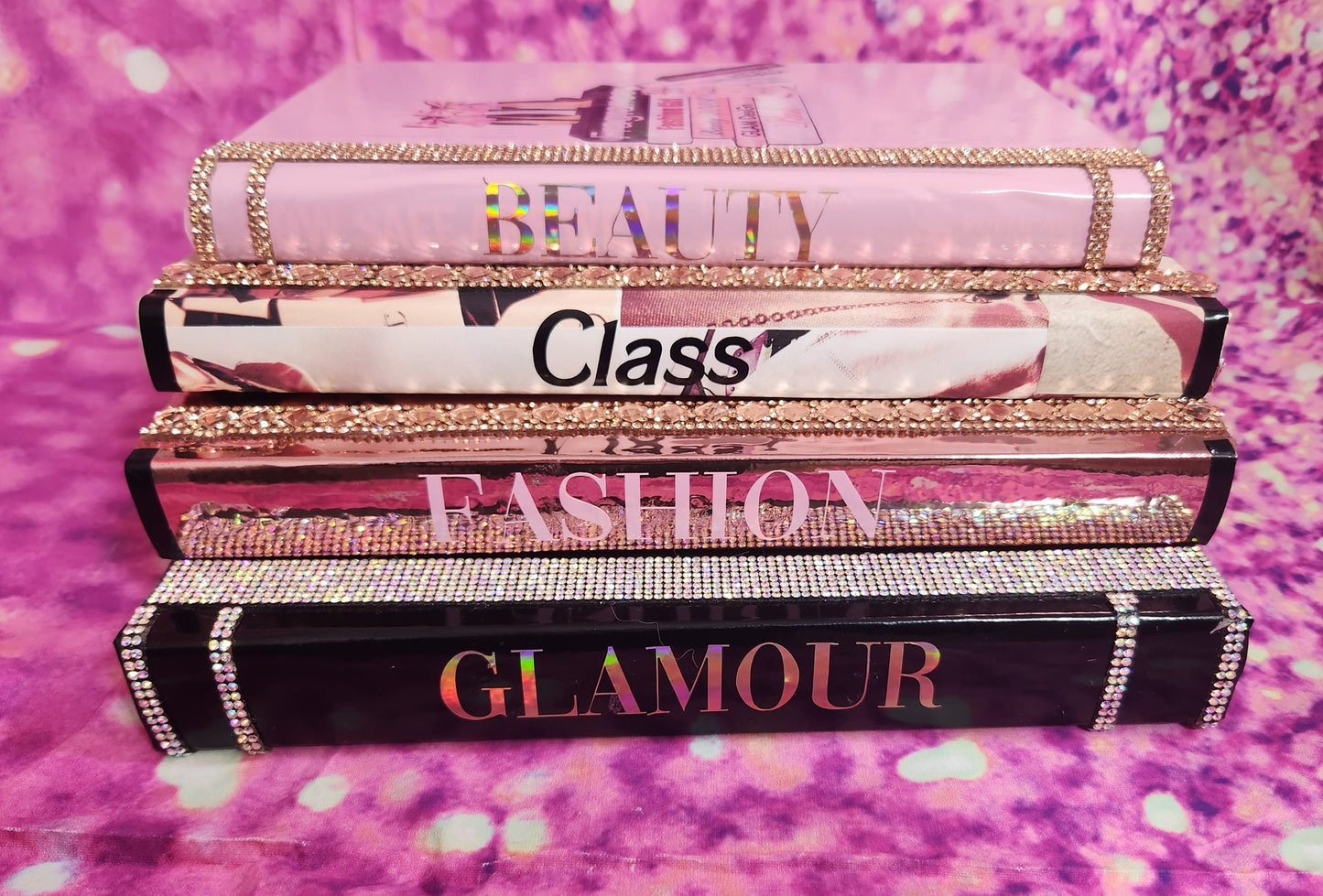 Coffee Table Book Stack (Set of 4). Glam Book Stack. Metallic Rose Gold, Rose Gold Collage, Pink & Black Books. Glam Decor. Makeup Room - Glamorous Beauty & Boutique