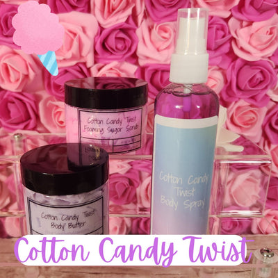 Cotton Candy Twist Bath and Body Gift Set. Handmade Whipped Body Butter, Whipped Shea Butter Sugar Scrub & Body Spray Gift Box. - Glamorous Beauty & Boutique