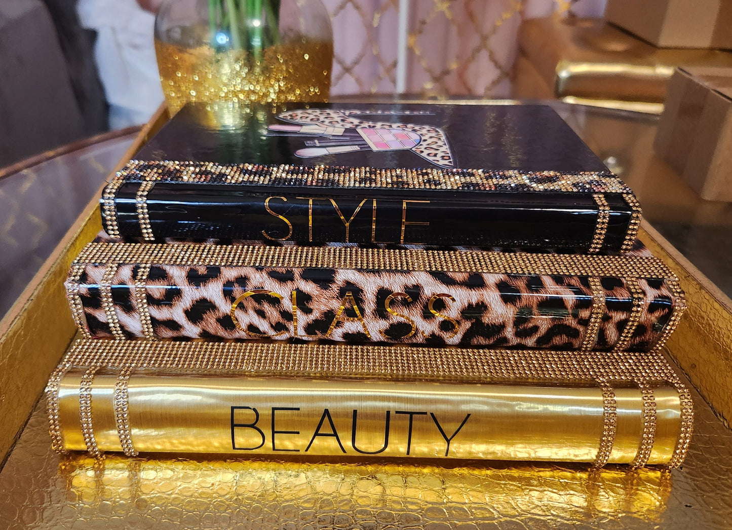 Glam Book Stack (Set of 3). Custom Coffee Table Decor. Black, Gold & Leopard Books. Glam Home Decor. Makeup Room Decor.  Coffee Table Decor - Glamorous Beauty & Boutique