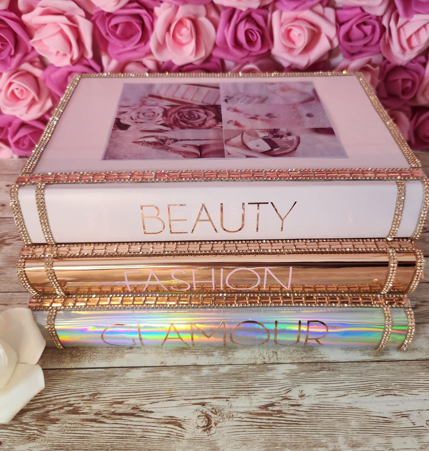 Pink book stack, glam book stack, glam Decor, coffee table decor, decorative books, fashion book stack, silver book stack, handmade book stack, pink decor, bling books, makeup Room Decor, boss babe book stack, girl boss