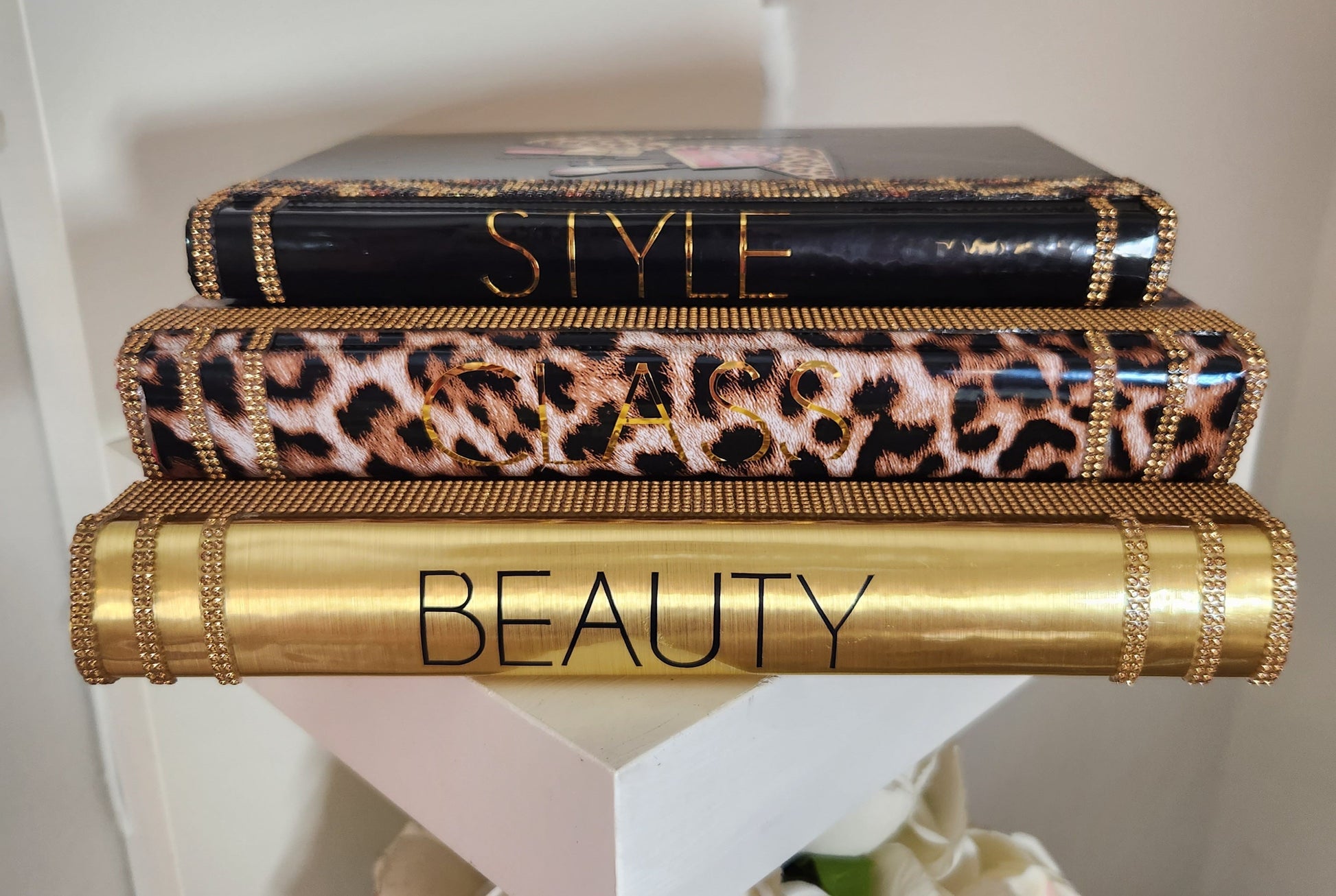 Glam Book Stack (Set of 3). Custom Coffee Table Decor. Black, Gold & Leopard Books. Glam Home Decor. Makeup Room Decor.  Coffee Table Decor - Glamorous Beauty & Boutique