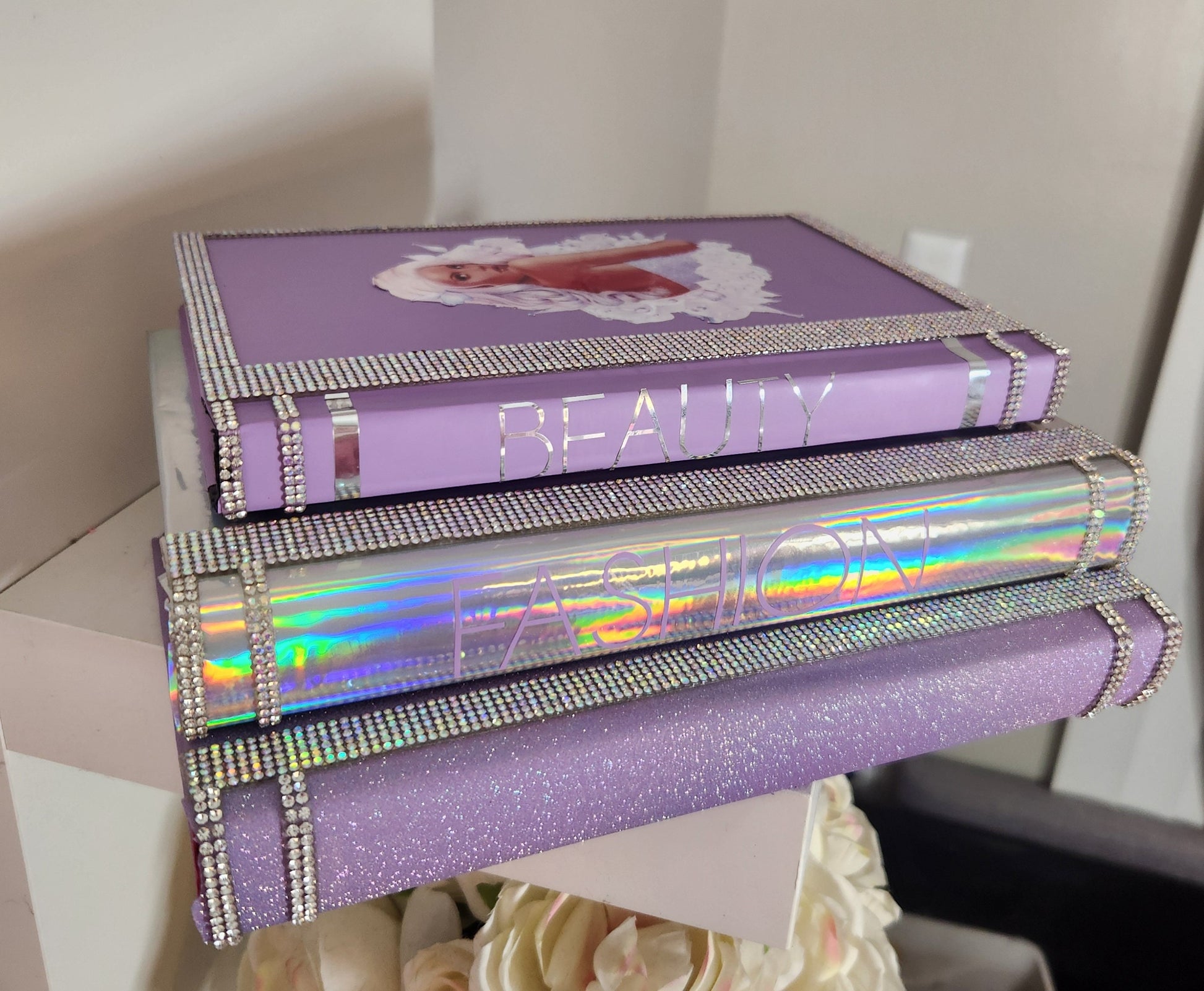 Glam Book Stack (Set of 3). Custom Coffee Table Decor. Purple Glitter, Holographic Silver & Lilac Books. Glam Decor. Makeup Room Decor. - Glamorous Beauty & Boutique