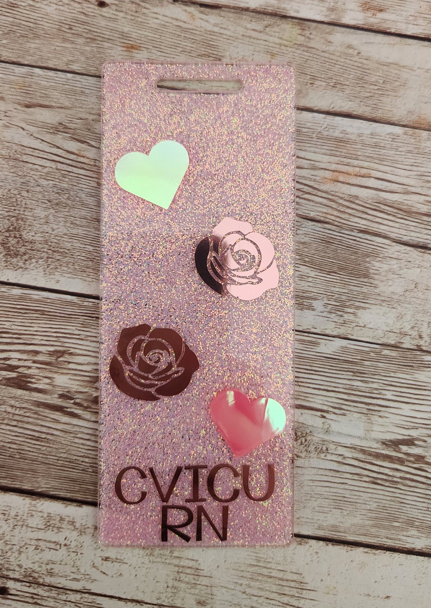 Holographic Rose and Heart Extended Length Badge Buddy. Pink Glitter with Rose Gold Nurse Badge Buddy. Acrylic & Resin Glitter Badge Buddy - Glamorous Beauty & Boutique