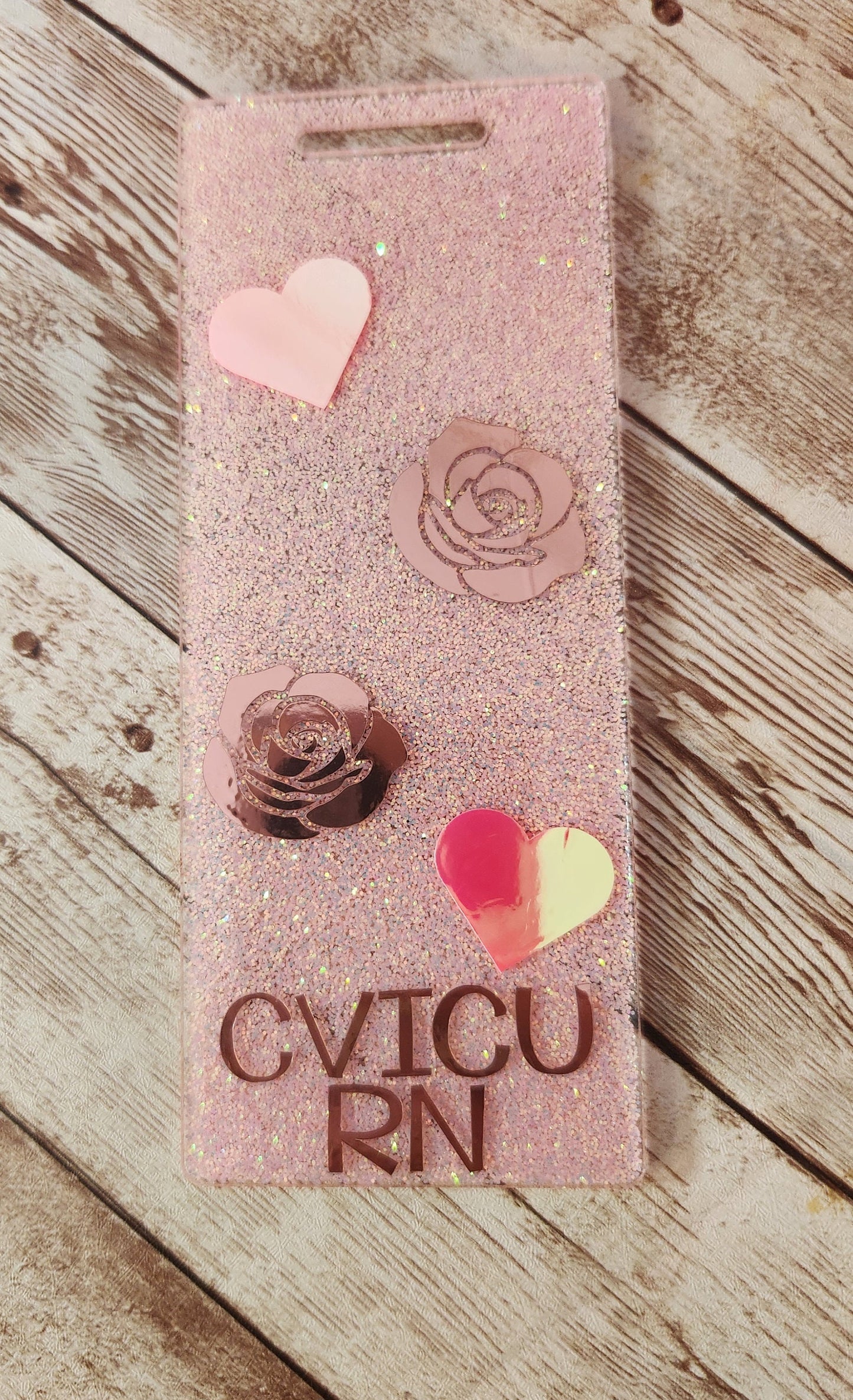 Holographic Rose and Heart Extended Length Badge Buddy. Pink Glitter with Rose Gold Nurse Badge Buddy. Acrylic & Resin Glitter Badge Buddy - Glamorous Beauty & Boutique