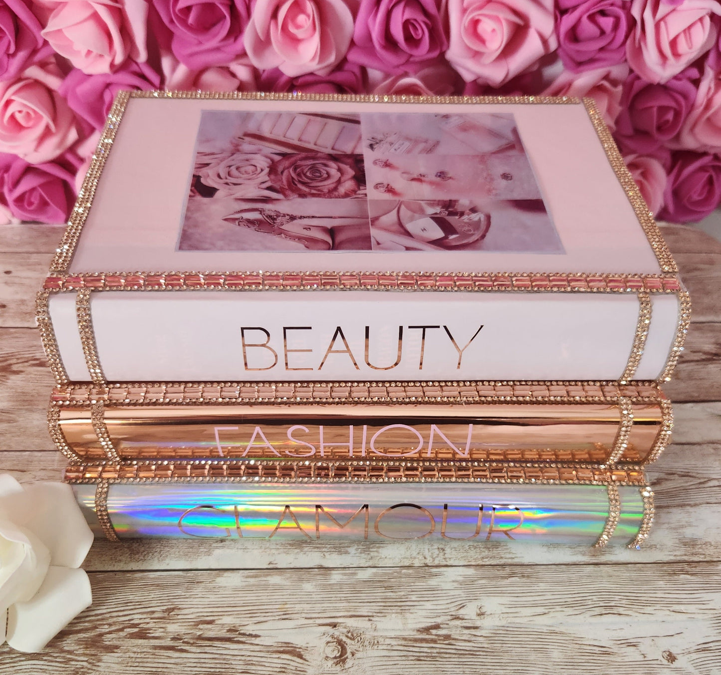 Custom Glam Coffee Table Book Stack (Set of 3). Pink, Holographic Silver & Rose Gold Books, Bling Decor, Glam Decor. Makeup Room Decor - Glamorous Beauty & Boutique