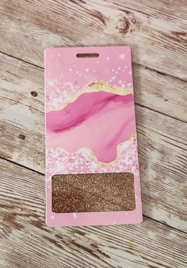 Vertical Badge Buddy for Medical Professionals, Gold Glitter with Pink Marble. Nurse Badge Buddy. Acrylic & Resin Glitter Badge Buddy - Glamorous Beauty & Boutique