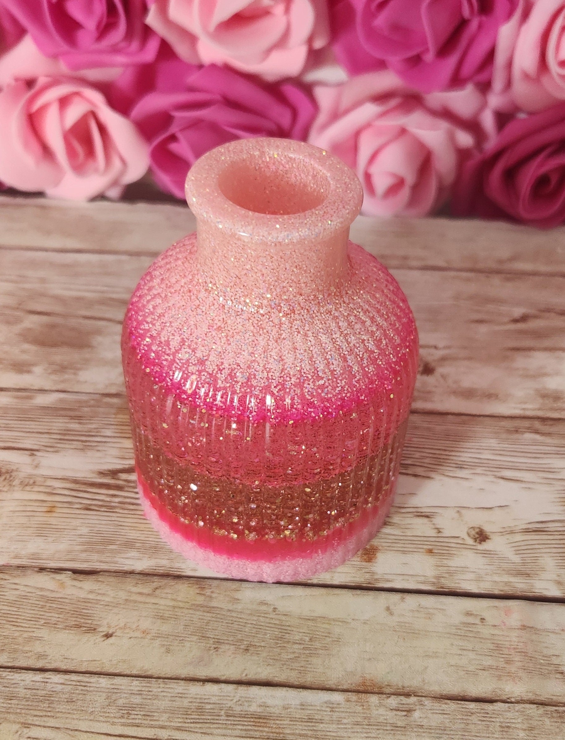 Mini Striped Vase. Neon Pink, Light Pink & Rose Gold Glitter Epoxy Resin Vase. Glam Home Decor. Makeup Room Decor - Glamorous Beauty & Boutique