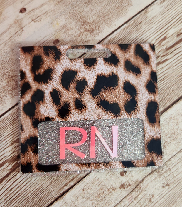 Silver Glitter & Leopard Horizontal Badge Buddy for Medical Professionals. RN Nurse Badge Buddy. Acrylic and Resin Glitter Badge Buddy - Glamorous Beauty & Boutique