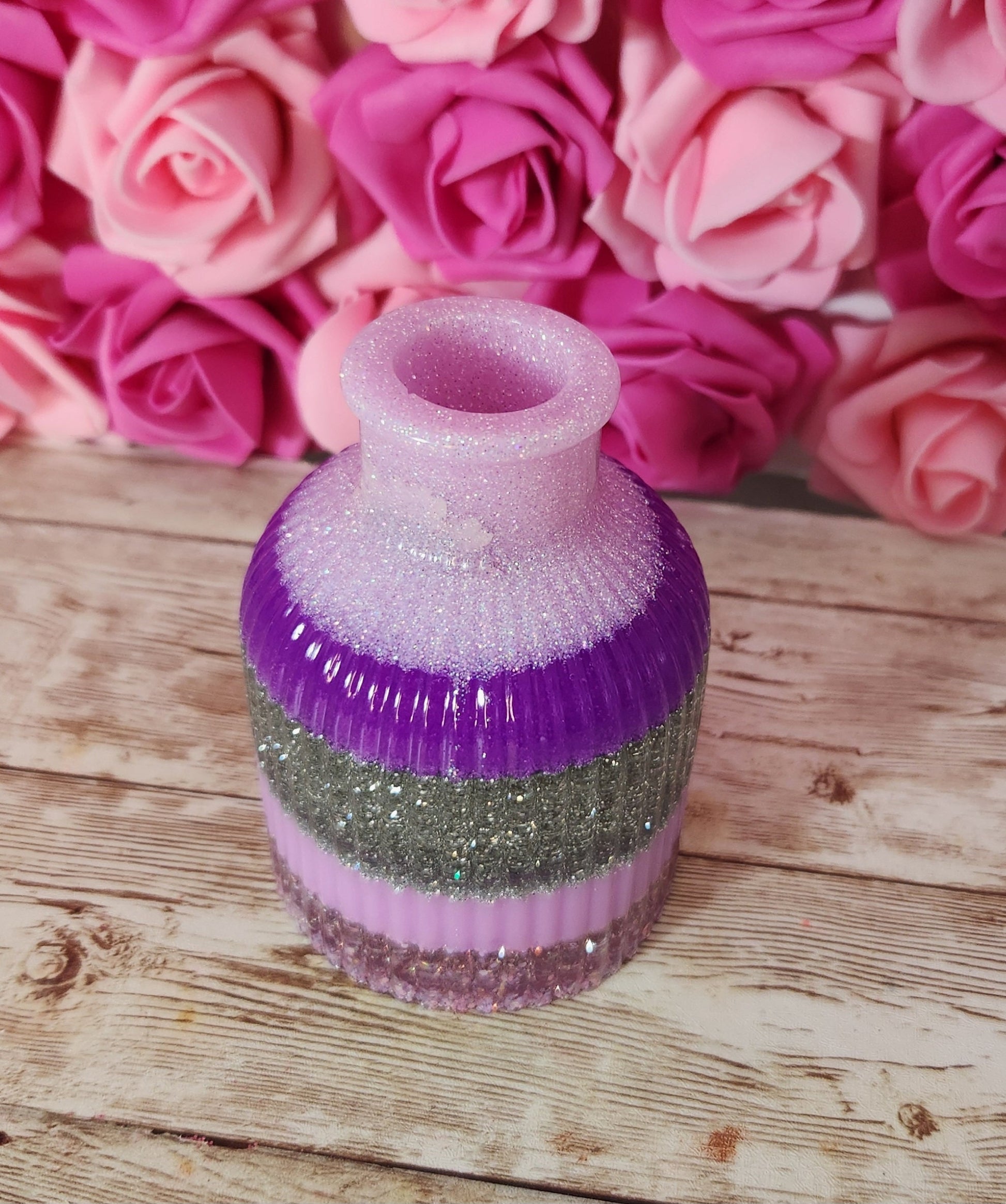 Mini Striped Vase. Neon Purple & Silver Glitter Epoxy Resin Vase. Glam Home Decor. Makeup Room Decor - Glamorous Beauty & Boutique