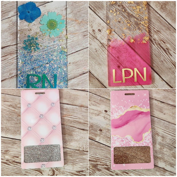 Vertical Badge Buddy for Medical Professionals, Silver Glitter with Pink Rhinestones. Nurse Badge Buddy. Acrylic & Resin Glitter Badge Buddy - Glamorous Beauty & Boutique